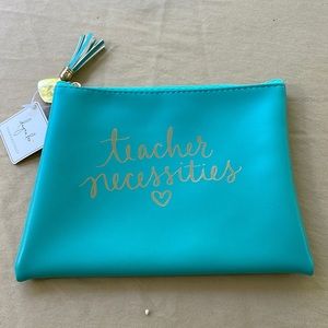 NWT teal zippered pouch with gold lettering “teacher necessities”